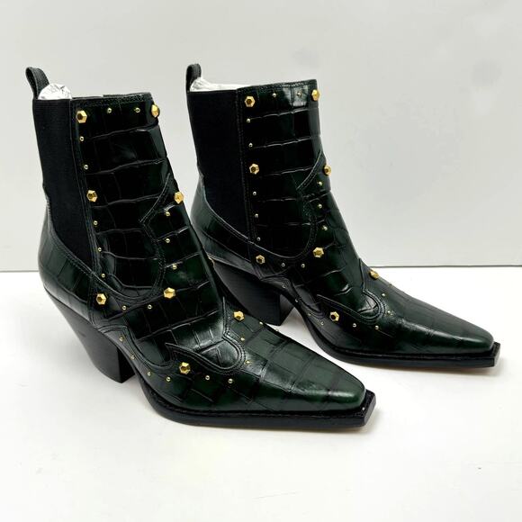 NEW Vince Camuto Norley Dark Green Crocodile Leather Gold Studded Ankle Booties - Picture 5 of 10